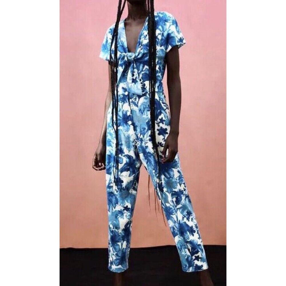 ZARA Floral Tie‎ Front Linen Blend Jumpsuit Blue Small